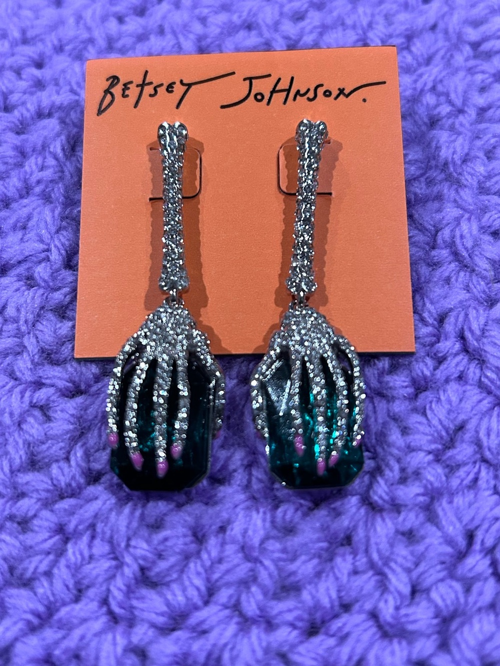 NWT Betsey Johnson Green Stone Skeleton Hand Drop Earrings